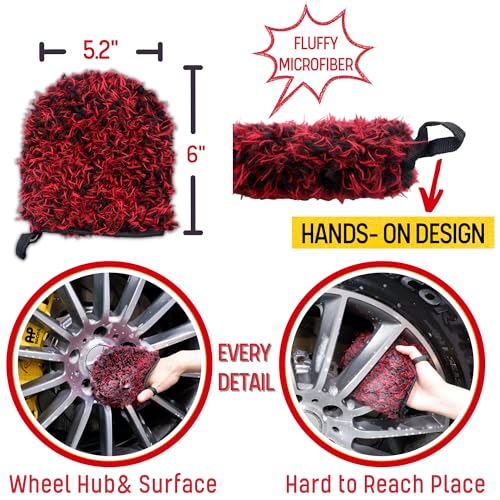 oesee Metal Free Microfiber Wheel Brush Kit- Microfiber Angled Wheel Brush, Long Handle Wheel Brush, Tire& Detailing Brush, Wheel Wash Mitt. Hands-On Wheel Detailing Kit for Daily Wheel Cleaning - color: 5 Pack (Red & Black)