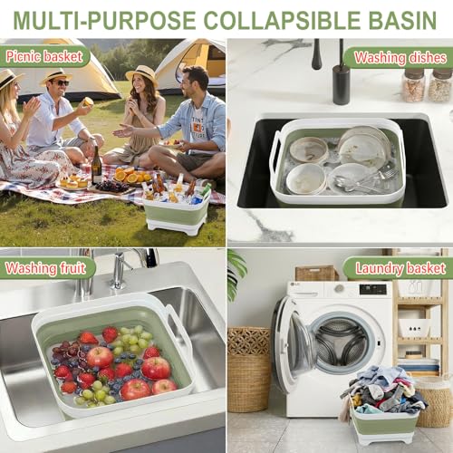 Collapsible Wash Basin for Baby Bottles with Drying Rack – 2.4 Gallon Foldable Dish Tub with Handles, Portable RV Camping Sink & Space-Saving Wash Bin with Lid for Kitchen, Travel & Outdoor, Green - color: Green