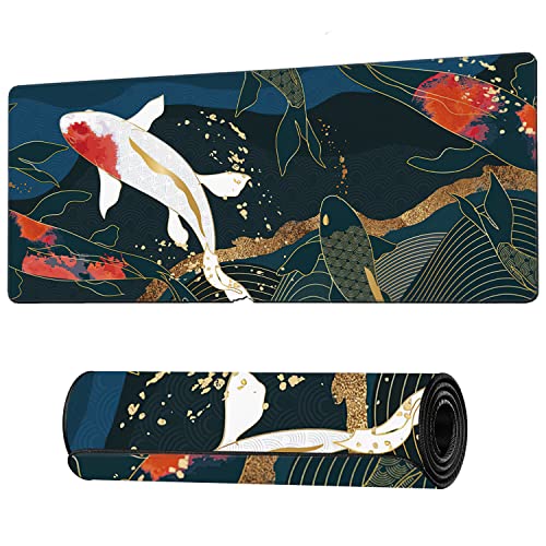 Watercolor Japanese Koi Fish Extended Gaming Mouse Pad Large Desk Mat with Non-Slip Rubber Base and Stitched Edges,Keyboard Mouse Mat Desk Pad for Work,Game,Office,Home 35.4 * 15.7 Inch - color: Watercolor Japanese Koi Fish