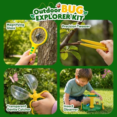 Bug Catcher Kit for Kids, 360° Rotating Insect Observation Box with Magnifying Glass, Scissor Tongs & Tweezers - STEM Outdoor Exploration Toys, Nature Adventure Learning Gift for Toddlers Boys Girls - color: Bug Catcher Kit