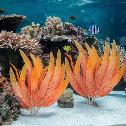 2Pcs Artificial Aquatic Plants Set - Lifelike Silk Fabric Leaves for Aquarium Decoration, Easy to Maintain, Vibrant Underwater Garden (Orange) - color: Orange