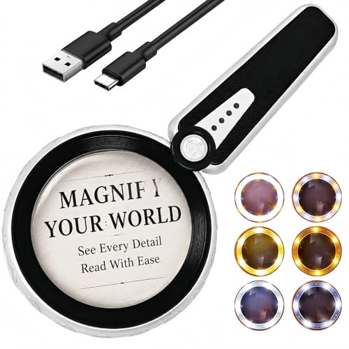 45X Magnifying Glass with Light, Rechargeable LED Magnifier for Reading | 1200mAh Battery • 6 Light Modes • Dual Acrylic Lenses • 4.6" Lens • Adjustable Brightness • 12 LEDs • Non-slip Handle - color: Black
