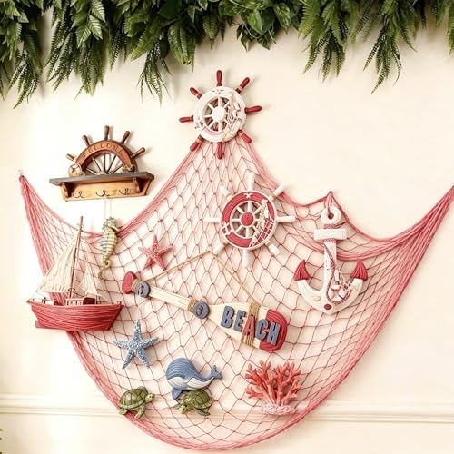 2 Pack Decorative Fish Net, 5x10 ft Large Red Fishing Net for Hanging Stuffed Animals & Party Decorations, Fishnet for Nautical Mermaid Pirate Beach Hawaii Under the Sea Themed Party Decorations - color: Red, size: X Large-5x10 Ft