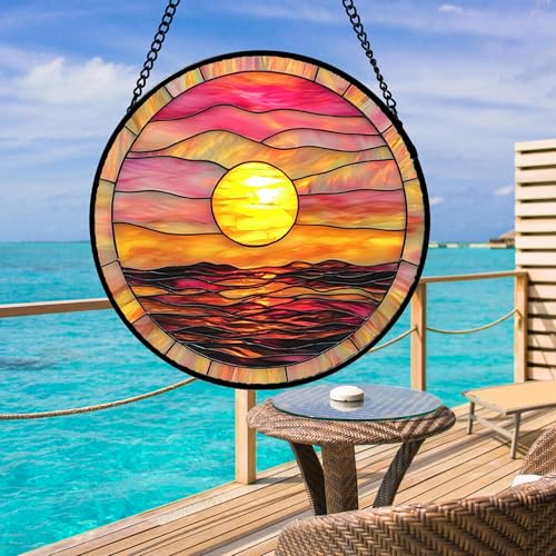 DASTOLL Stained Glass Window Hanging, Sunrise Sea Surface Sun Catchers Diamond Glass Panel Hangings Abstract Suncatcher Decor for Birthday for Women, Men, Wife, Aunt, and Mom 14.9 in - color: Gold, size: 14.9x14.9 IN