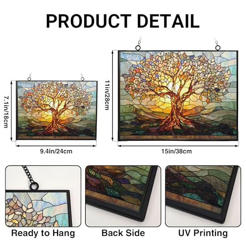 Retangle Art Nouveau Tree of Life Stained Glass Window Hanging Window Suncatcher Glass Panel with Metal Chain Sun Catchers Wall Art Home Decor Gift for Women Mother's Day - color: Art Nouveau Tree of Life 2, size: 15x11 IN
