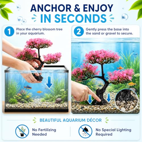 Cabilock Pink Cherry Blossom Aquarium Decor, 12.2 Inch Artificial Sakura Tree Fish Tank Plant with Stable Base, Realistic Plastic Aquarium Ornament for Betta, Goldfish, Turtle Tank Accessories, 4PCS