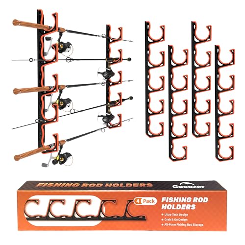 Gocozer Fishing Rod Holder for Garage, H5 Wall or Ceiling Mounted Fishing Pole Holders with Soft Protective Pad, Fishing Rod Storage Organizer, Horizontal Fishing Rod Wall Mount Nets Storage (4 PACK) - color: Black-4Pack