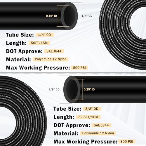 CheeMuii 43 Pcs Brass DOT Air Line Fittings with 50FT 1/4" & 32.8FT 3/8" DOT Air Hose Kit - 1/4, 3/8, 1/2 Push to Connect NPT Thread & Quick Connect Fittings - size: 45 PCS