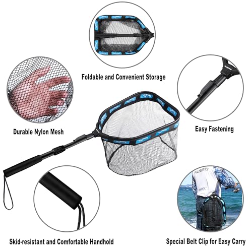 PLUSINNO Floating Fishing Net for Steelhead, Salmon, Fly, Kayak, Catfish, Bass, Trout Fishing, Rubber Coated Foldable Landing Net with Fixed or Telescoping Pole Handle, Fishing Gear and Gifts for Men - color: 11.8"/30cm Hoop Size 1.0M Blue (Telescopic Pol