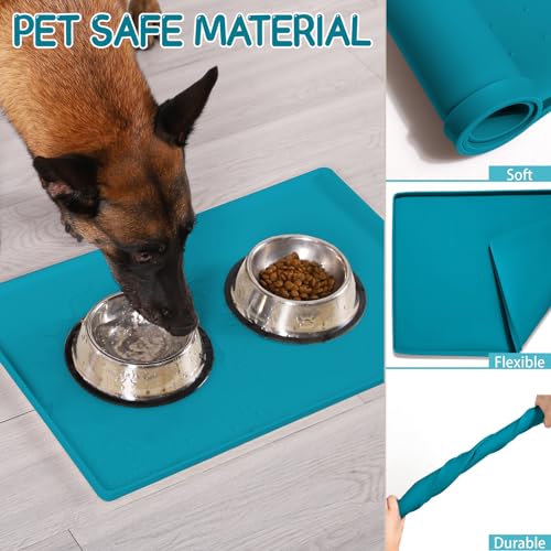 MateeyLife Silicone Cat & Dog Food Mat for Floors Waterproof, Anti-Slip Dog Bowl Mats for Food and Water, Pet Feeding Mats with Lip to Prevent Spills, Pet Placemat for Messy Drinkers to Protect Floors - color: Teal, size: 22''×14''