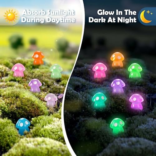 120pcs Luminous Mini Resin Mushroom 15 Colors Glow in The Dark Tiny Little Figures to Hide Small Mushrooms for Micro Fairy Garden Landscape Aquarium Accessories Dollhouse Hide Crafts Decor - style: Luminous Mushrooms