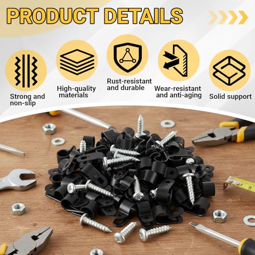 1/2inch 100 Pcs Rope Light Clips P-Style Cable Clips Mounting Cable Plastic Clamps Compatible with Stainless Steel Screw for Wire Cord Management Reinforced & Thickened Design (Black)