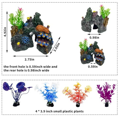 PINVNBY Aquarium Coral Reef Decor Resin Fish Tank Decorations Rock Mountain Cave Ornaments for Goldfish Betta Fish Sleep Rest Hide Play Breed with 4 PCS Aquatic Plants (Small Size) - size: M-4 PCS water plants