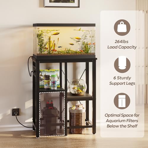 Bestier 10 Gallon Fish Tank Stand with Power Outlet, 20.3x10.6 Metal Aquarium Stand with Filter Storage, 6-Leg Reptile Tank Stand with 3-Tier Adjustable Storage Shelves, 264LBS Capacity，Black Oak - color: Black, size: 5-10 Gallon