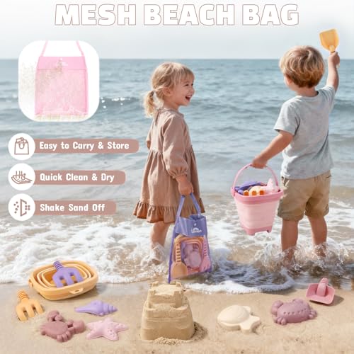 3 Pack Beach Toys Set for Kids Toddlers Girls, Collapsible Sand Buckets with Beach Molds and Mesh Bag, Sandbox Travel Toys Beach Vacation Essentials, Camping Gear, Fishing (Purple/Pink/Yellow) - color: Purple/Pink/Yellow