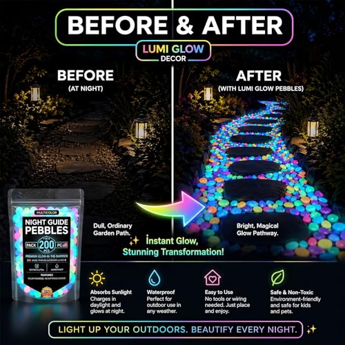 2026 Colorful Glow-in-the-Dark Garden Stones Night Guide Luminous Pebbles Rainbow Glow in the Dark Stepping Rocks Outdoor Landscaping Decor Glowing Stones Fish Tank Aquarium Decorations (200, Blue) - color: Blue