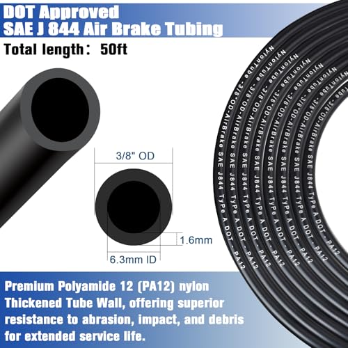 3/8" OD x 50FT DOT Air Line Black SAE J 844 PA12 Nylon Air Brake Tubing with Cutter and Teflon Tape, Pneumatic Nylon Air Line Hose for Semi Truck Trailer Air Brake System & Fluid Transfer - size: 50FT-3/8"OD