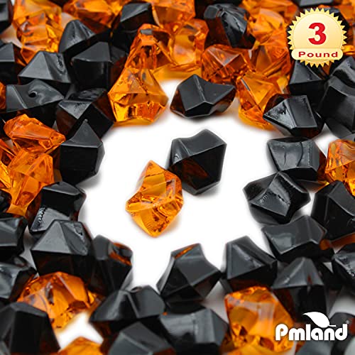 PMLAND Clear Fake Ice Rocks – 550 Pcs Large Acrylic Gems Crushed Plastic Diamonds, Black Orange (3Lbs/2.25 Quarts) – Bulk Vase Filler for Centerpieces Halloween Theme Décor Aquarium Table Scatter - color: Orange and Black
