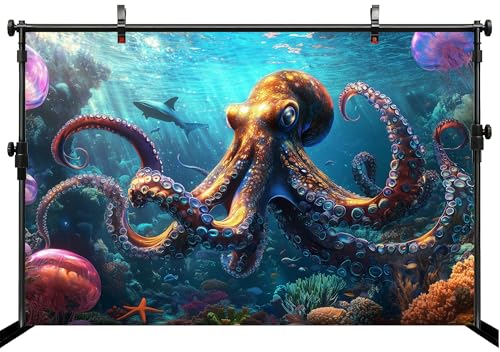 7x5ft Fantasy Octopus Backdrop Colorful Underwater Jellyfish Shark Coral Reef Background Pirate Party Marine Themed Party Birthday Aquarium Event Halloween Decor Photo Studio Booth Props - size: 7x5FT