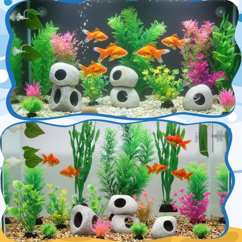 Kathfly 18 Pcs Aquarium Decorations Rock Set 4 Hideaway Rock Cave 2 Betta Fish Leaf Pad 1 Acrylic Tube Tunnel 11 Artificial Seaweed for Aquatic Pets to Breed Play and Rest Betta Shrimp Habitat