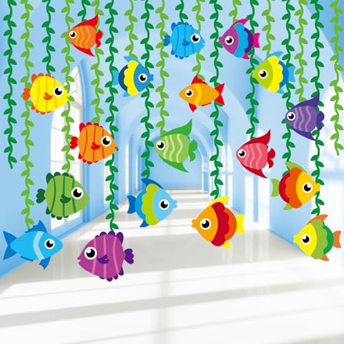 Naozinebi 20 Pcs Tropical Fish Garland Kit Under the Sea Party Decorations Ocean Animals Banner Mermaid Streamers Strings Hanging Swirls for Kids Home Classroom Baby Shower Birthday Party Supply Favor