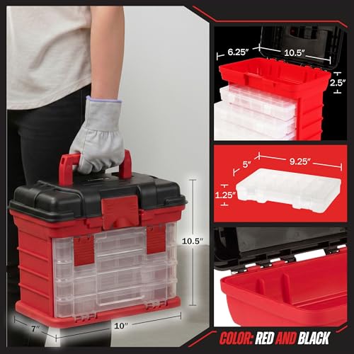 Portable Tool Box - Small Parts Organizer with Drawers and Customizable Compartments for Hardware, Fishing Tackle, Beads, or Crafts by Stalwart (Red)