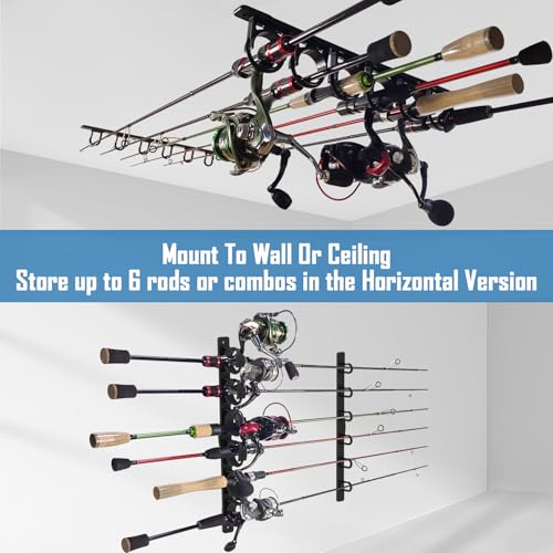 Aventik Vertical/Horizontal Fishing Rod Holder For Garage, Wall, Ceiling Holds Up To 6/12 Fishing Pole Holders (Black) - style: Black