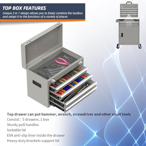 5-Drawer High Capacity Rolling Tool Box, Removable Cabinet Storage Tool Chest with Wheels and Drawers, Detachable Toolbox with Lock for Mechanics Garage Workshop and Tool Room (Grey) - color: Grey
