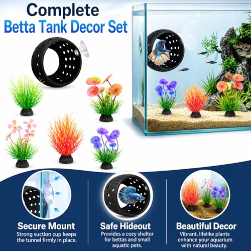 Betta Hideout,Betta Tunnel,With Suction Cups And 6 Artificial Aquatic Plants,Betta Fish Tank Accessories,Fish Tank Decorations Betta Caveshrimp Cav (Black) For Small Shrimp To Hide And Rest In