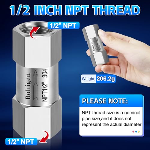 Boltigen Stainless Steel 304 1/2" NPT Spring Check Valve, 1000 PSI, -20C to 200C, Industrial Check Valve, 2 Ports, NPT Connections - size: 1/2'' NPT