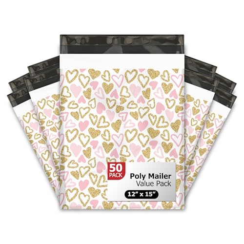 12x15 (50) Pink and Gold Hearts Valentine's Day Designer Poly Mailers Waterproof Self Sealing Tear Resistant Polymailers Large Shipping Envelopes Premium Printed Bags For Small Businesses - color: Pink and Gold Hearts, size: 12x15