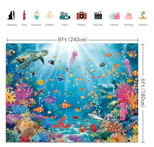 Underwater Backdrop Aquarium Ocean Corals Tropical Fish Photography Background Ocean Theme Party Decorations for Kid Boy's Birthday Cake Table Photo Booth Props (8x6FT) - size: 8x6FT