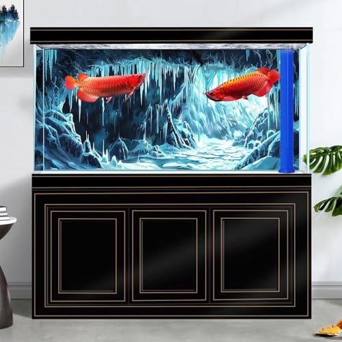 30X18IN Ice and Snow Background Aquarium Background, 3D Image of Underwater Fish Tank Decoration, Cave Icicle Greenery Terrarium Background with 10 EVA Double-Sided Tape