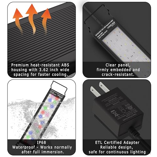 24/7 Mode LED Aquarium Light for 12-18 Inch Plant & Fish Tank, IP68 Full Spectrum Light, Sunrise-Daylight-Moonlight, White Red Green Blue Pink LEDs with Extendable Brackets for Freshwater - size: For 12-18 inch Tank