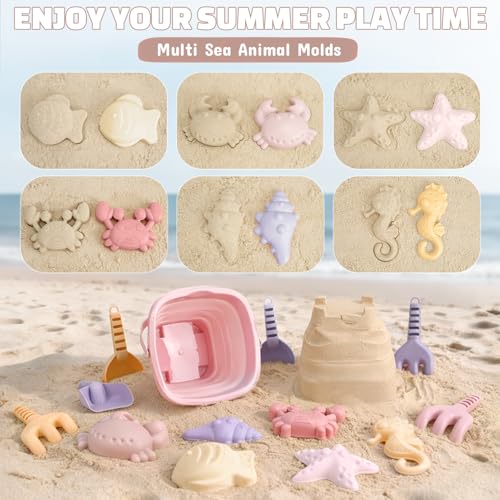 3 Pack Beach Toys Set for Kids Toddlers Girls, Collapsible Sand Buckets with Beach Molds and Mesh Bag, Sandbox Travel Toys Beach Vacation Essentials, Camping Gear, Fishing (Purple/Pink/Yellow) - color: Purple/Pink/Yellow