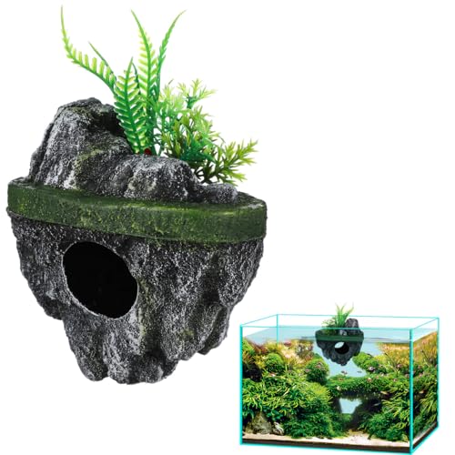 Homoyoyo Floating Aquarium Decor, Fish Tank Decorated Rock for Betta Fish Guppies Goldfish Shrimps Hermit Crabs Realistic Rock Tank Ornament with Hideaway Shelter Safe Resin Material 7.48X5.31X4.33In