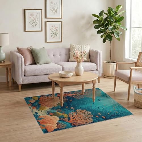 4'x6' Washable Flatwoven Rug, Orange Graphic Botanical Easy Care Throw Carpet for Dorm Room, Small Living Room, Apartment, Stain Resistant Low Profile Floor Covering | Ref:1993995 - color: Blue/Pattern 42, size: 4' x 6' (Rectangular)