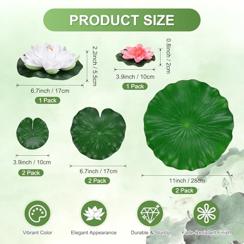 M METERXITY 1-Set Artificial Floating Foam Lotus Flower with Water Lily Pad, 4/7/11 Inch Fake Lotus Flower Water Lilies for Pool/Fountain/Garden Decor, Pond Plant Ornament [White, Light Pink] - color: White, Light Pink, size: 6.7/3.9 Inch
