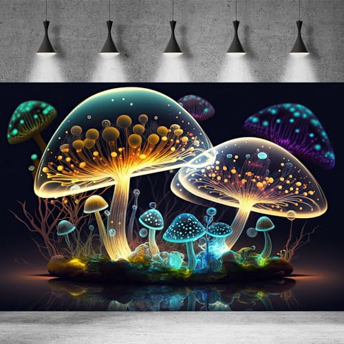 Mushroom Aquarium Background Abstract Glowing Fantasy Mushrooms Terrarium Background Mysterious Forest Magical Night In Circle Shape Crystal Glass Fish Tank Backdrop Decorations Vinyl 24x12in - color: Light Orange, size: 24(W)x12(H)in
