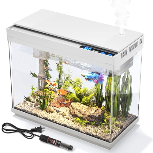 Vehipa Aquarium, 2.4 Gallon Betta Fish Tank with Heater, Humidifier 3 in 1 Pump - Filteration & Oxygenation & Circulation, Temperature Display, HD Glass, Timed 7-Color Lights - color: Pure White