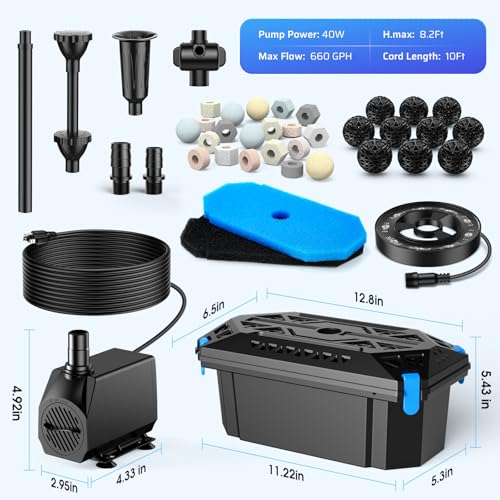 660GPH Pond Filter with RGB Auto-Cycle LED Lights - Built-in 40W Pump & 3-Stage Pond Filters for Outdoor Ponds, Koi Fish Ponds, Garden Fountains, Waterfalls & Aquariums (Corded Electric) - style: 40W with Lights-Corded Electric