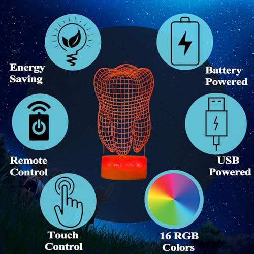 Dental Gifts, 3D Tooth Night Light, 3D Illusion Lamp, 16 Colors Changing, Remote Control, Dimmable, Living Room Decoration, Xmas Tooth Model Gifts - color: Tooth
