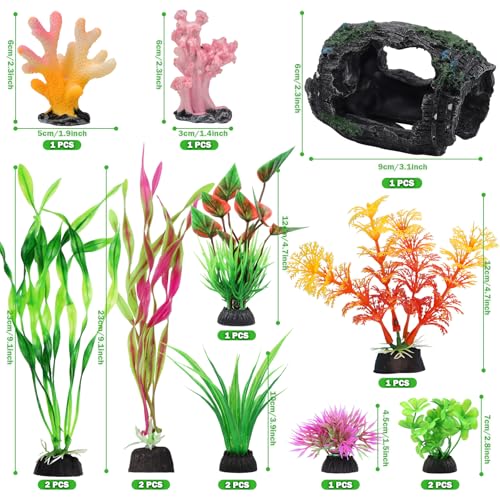 QUOZUO Broken Barrel Fish Tank Decor, 16pcs Fish Tank Accessories Artificial Plants Aquarium Ornaments for Fish Cave Hide - Resin Barrel x1pcs, Coral x2pcs, Aquarium Plastic Plants x13pcs