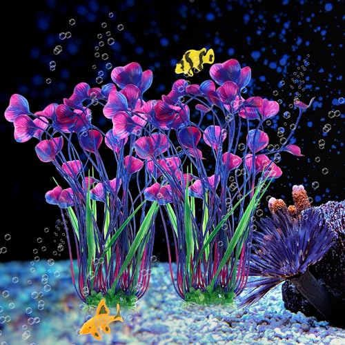 Large Aquarium Plastic Plants, Tall Aquarium Plants, Big Aquarium Plastic Plants for Fish Tanks Decor, 15.75" Height (Purple Green, 2pcs)