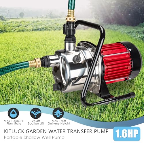 Water Transfer Garden Pump, 1.6 HP 1000GPH Portable Electric Shallow Well Jet Pump, Stainless Steel Sprinkler Pressure Booster Pump for Pool Draining, Lawn Fountain, Irrigation, Water Removal - style: 1.6HP