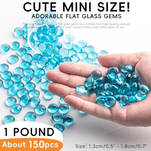 1 LB Glass Marbles, Sea Blue Mini Flat Glass Beads~150 PCS for Vase Fillers, Floral Bottom Mancala Gems Pebbles Fish Tank Rocks for Table Aquarium,Home Decor Art Craft Supplies(0.5"~0.7") - color: Sea Blue~1 Lb, size: 1 LB