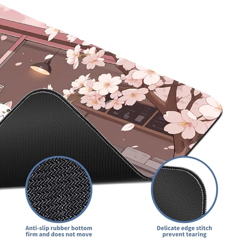 Pink Cute Cat Gaming Mouse Pad Large Desk Mat Extended Keyboard Mouse Pad Anime Mousepad with Non-Slip Base and Stitched Edge Mouse Mat Desk Pad 31.5 x 11.8 in Mouse Pads for Desk Home Office Gaming - color: Pink Cherry Blossom Cat