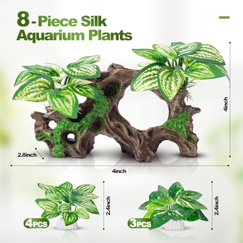 8 Pcs Fish Tank Decor，Silk Aquarium Plants Green Silk Leaf pad Hammock Artifical Driftwood cave Betta Fish Tank Accessories 7 x 2.8 x 4 inches(LxWxH)