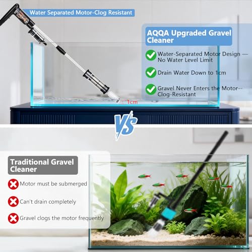 AQQA Upgraded DC 18W Electric Aquarium Vacuum Gravel Cleaner, Anti-Clog Pre-Filter Design, 7-in-1 Multifunctional Fish Tank Cleaning Kit for Dirt Removal, Water Change, Sand Washing, Turtle Shower
