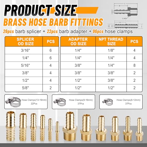 48PCS Brass Hose Barb Fittings,Barb Splicer Mender 3/16" 1/4" 5/16" 3/8" 1/2" 5/8" and Male Thread Adapter 3/8" Barbed to 1/4" NPT, 1/4" Barbed to 1/4" NPT Male with 96Pcs Pipe Hose Clamps - size: 48pcs barb splicer & barb adapter